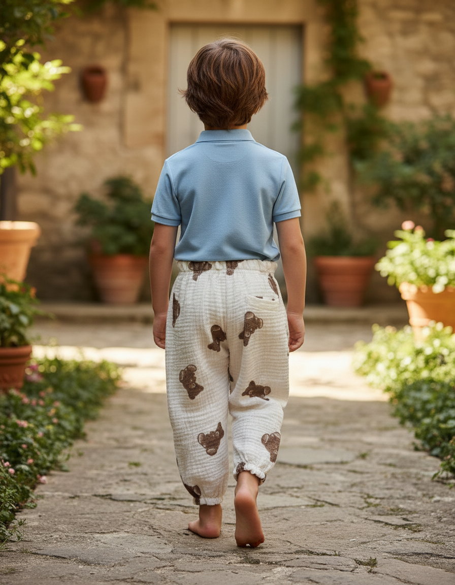 Pantalon En Lin Enfant Ample Blanc Motif Oursons - vue 2