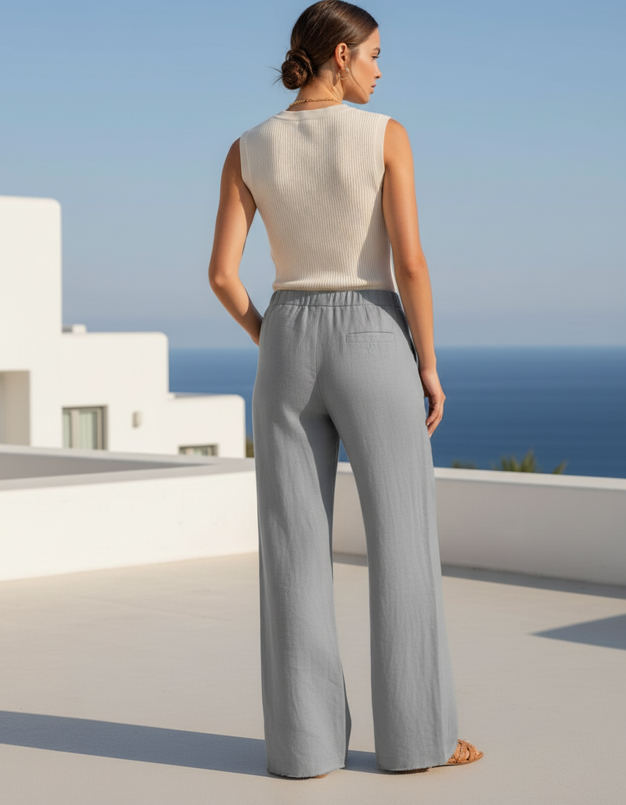 Pantalon En Lin Gris Fluide Décontracté Cordon Femme - vue 2