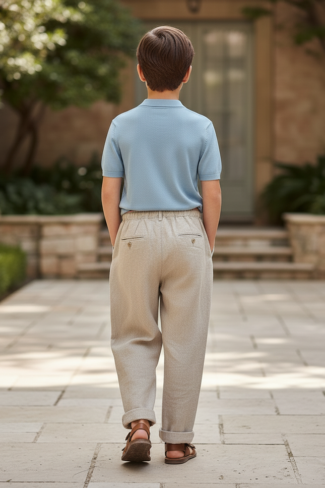 Pantalon En Lin Beige Ample Cordon Garçon Décontracté - vue 2
