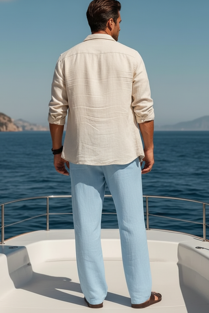 Pantalon En Lin Bleu Ciel Ample Cordon Décontracté Homme - vue 2