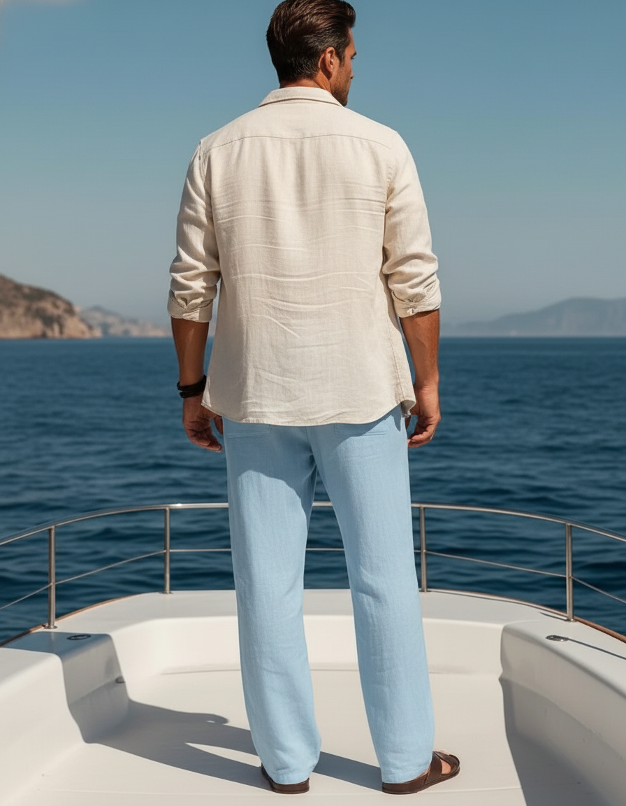 Pantalon En Lin Bleu Ciel Ample Cordon Décontracté Homme - vue 2