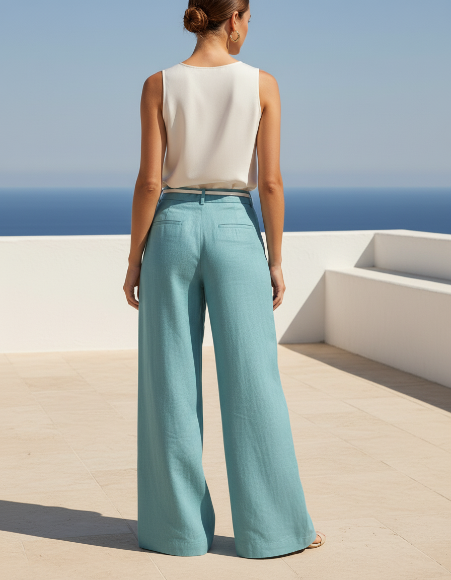 Pantalon En Lin Large Bleu Taille Haute Casual - vue 2