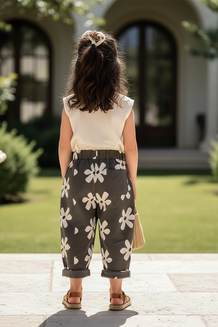 Pantalon En Lin Fleuri Ample Décontracté Enfant - Kaki - vue 2