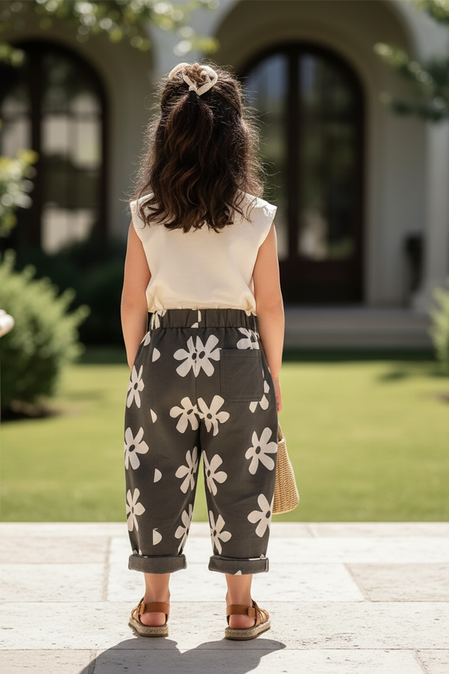 Pantalon En Lin Fleuri Ample Décontracté Enfant - Kaki - vue 2