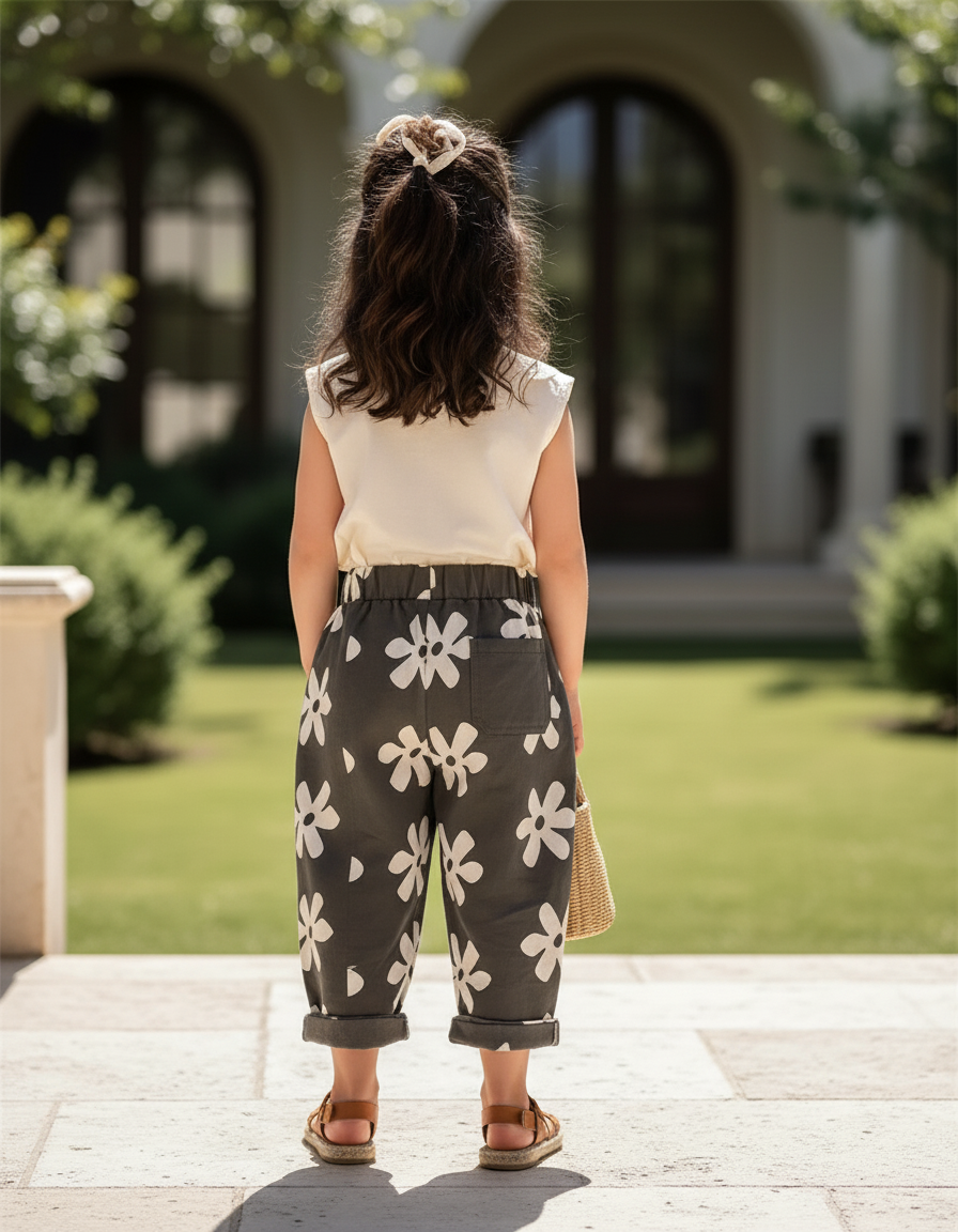 Pantalon En Lin Fleuri Ample Décontracté Enfant - Kaki - vue 2