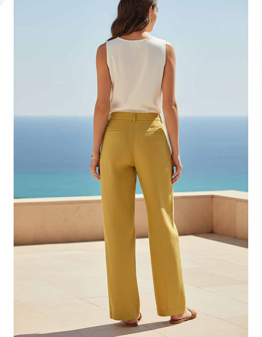 Pantalon En Lin Ample Jaune Moutarde Décontracté Taille Haute - vue 2