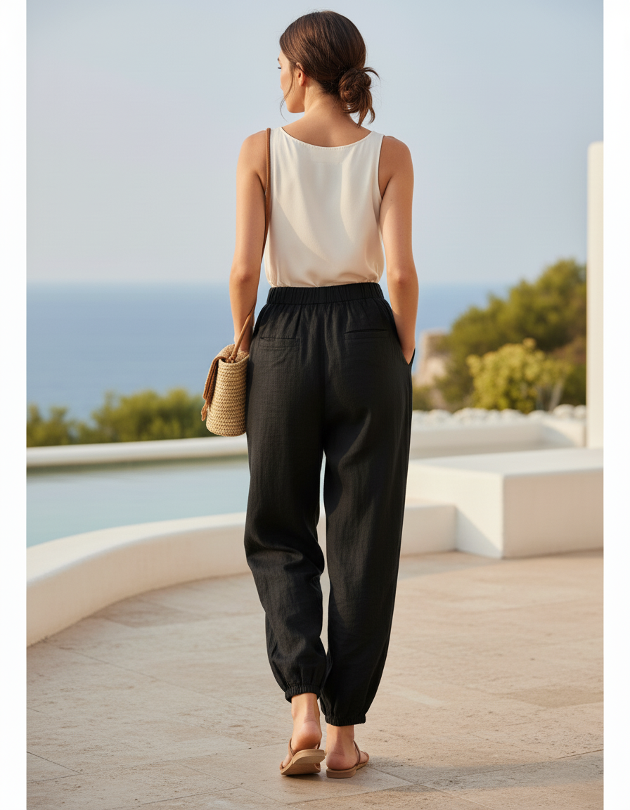 Pantalon En Lin Noir Ample Fluide Taille Élastique - vue 2