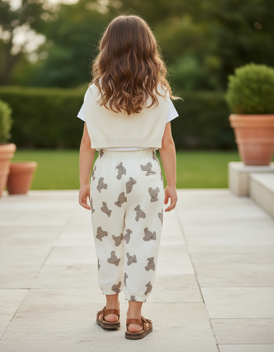 Pantalon En Lin Blanc Ample Imprimé Ours Enfant - vue 2