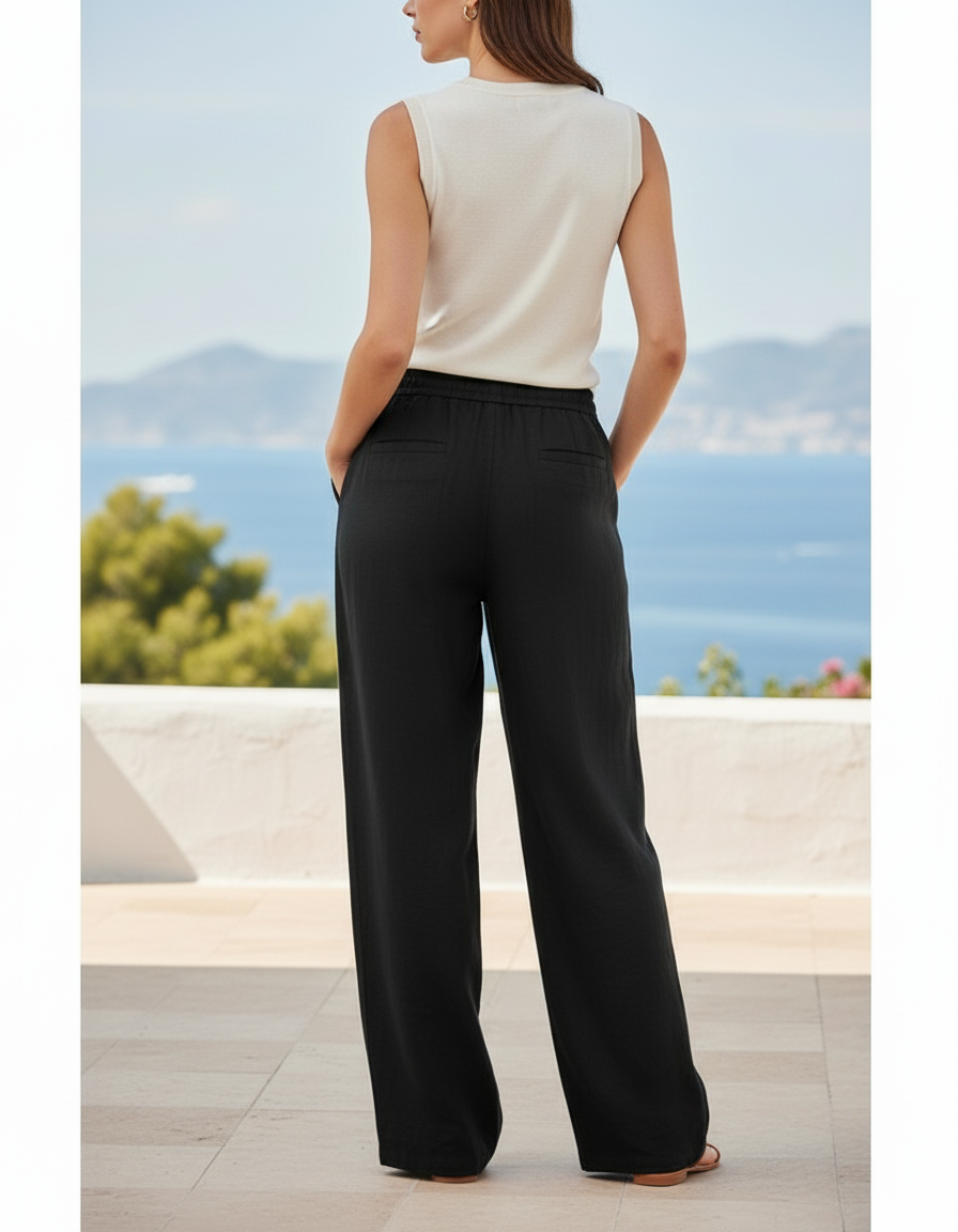 Pantalon En Lin Noir Ample Fluide Cordon Décontracté - vue 2