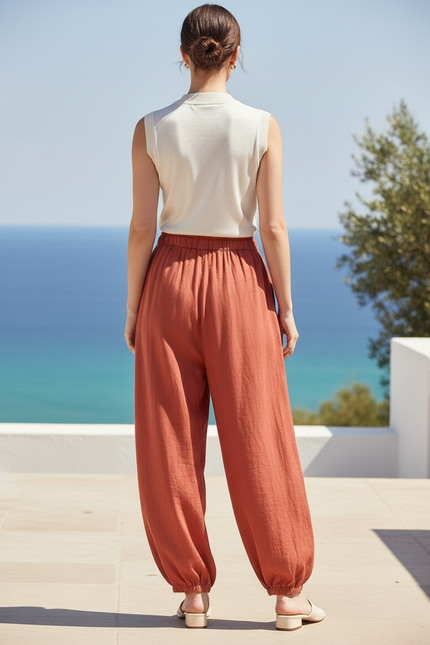 Pantalon En Lin Ample Orange Texturé Femme - vue 2