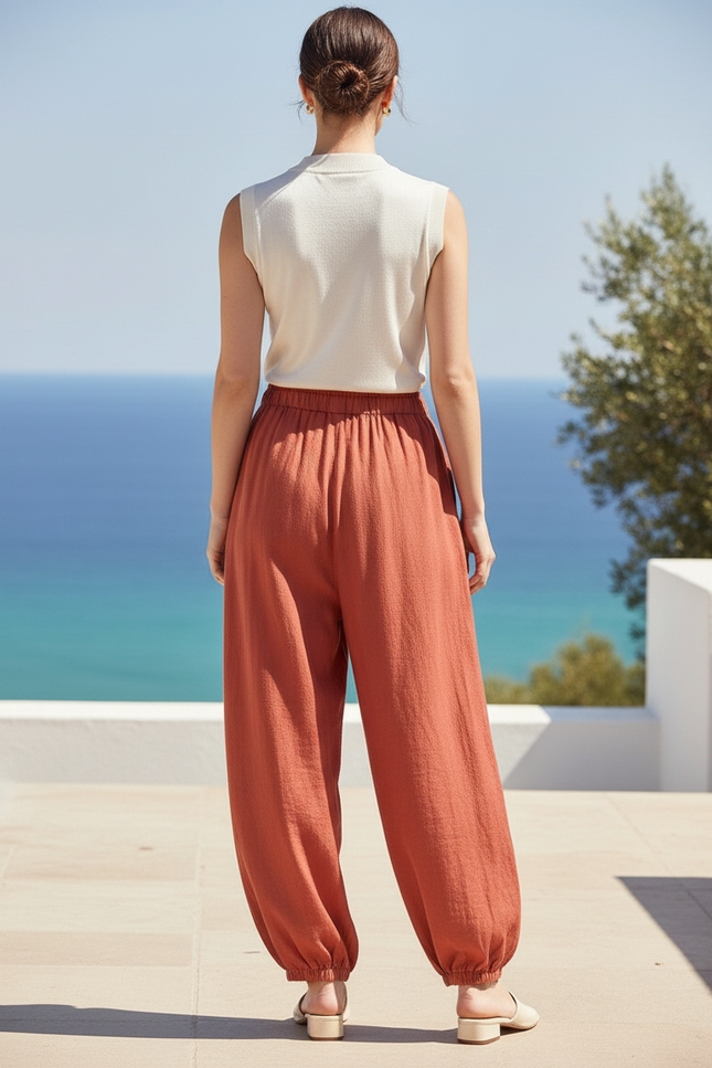 Pantalon En Lin Ample Orange Texturé Femme - vue 2
