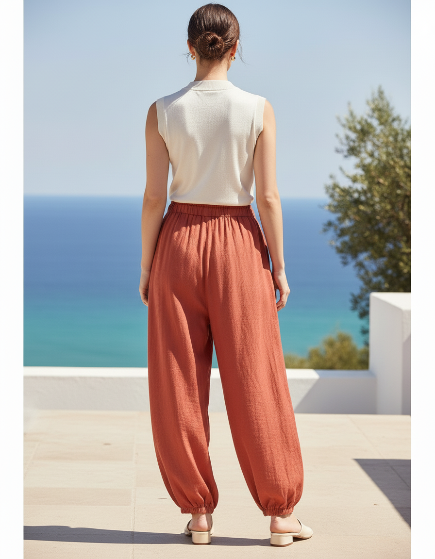Pantalon En Lin Ample Orange Texturé Femme - vue 2