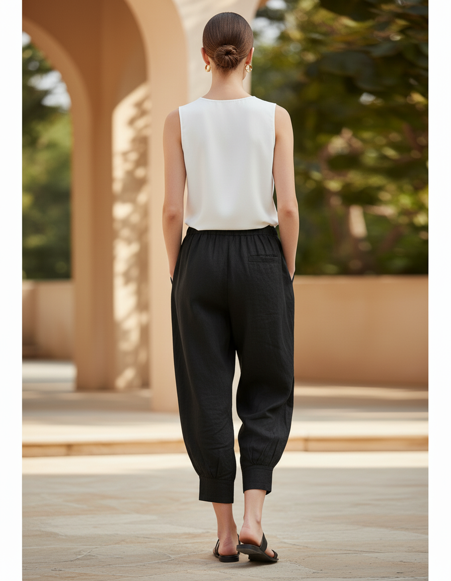 Pantalon En Lin Noir Harem Brodé Femme Décontracté - vue 2
