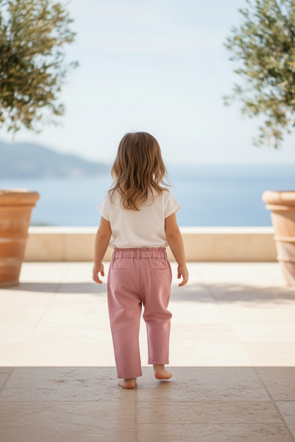Pantalon En Lin Rose Fille Ample Décontracté Ceinturé - vue 2