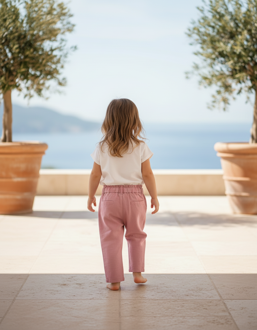 Pantalon En Lin Rose Fille Ample Décontracté Ceinturé - vue 2