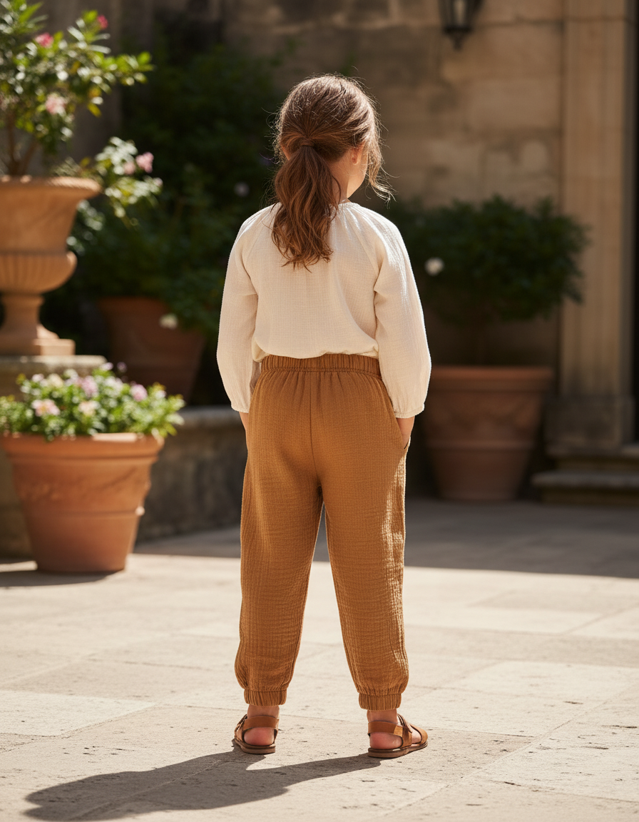 Pantalon En Lin Marron Ample Gaze Confortable Enfant - vue 2