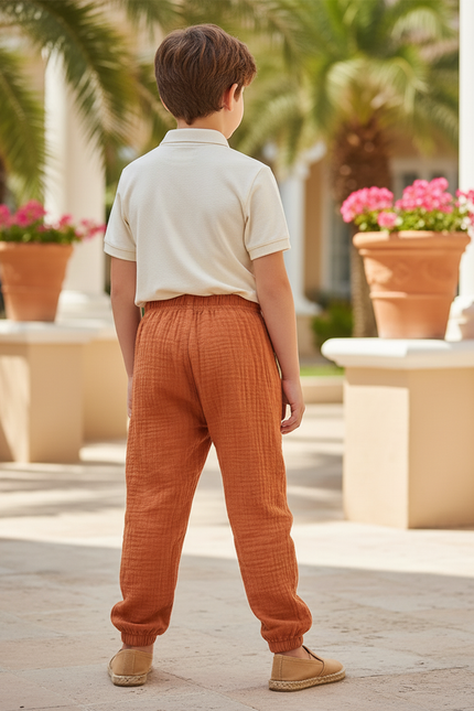 Pantalon En Lin Enfant Orange Plissé Ample Décontracté - vue 2