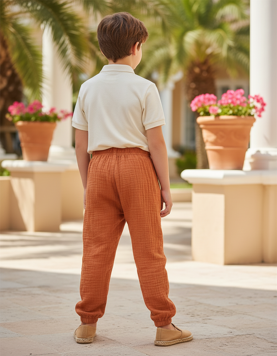 Pantalon En Lin Enfant Orange Plissé Ample Décontracté - vue 2