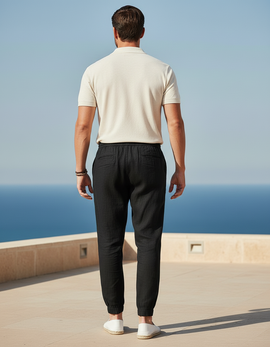 Pantalon En Lin Noir Cordon Décontracté Homme - vue 2