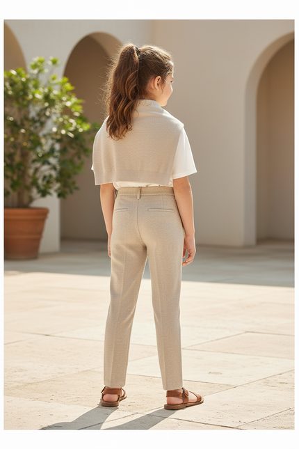 Pantalon En Lin Beige Plissé Droit Élégant Enfant - vue 2