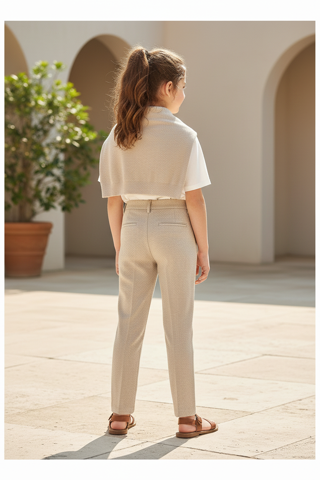 Pantalon En Lin Beige Plissé Droit Élégant Enfant - vue 2