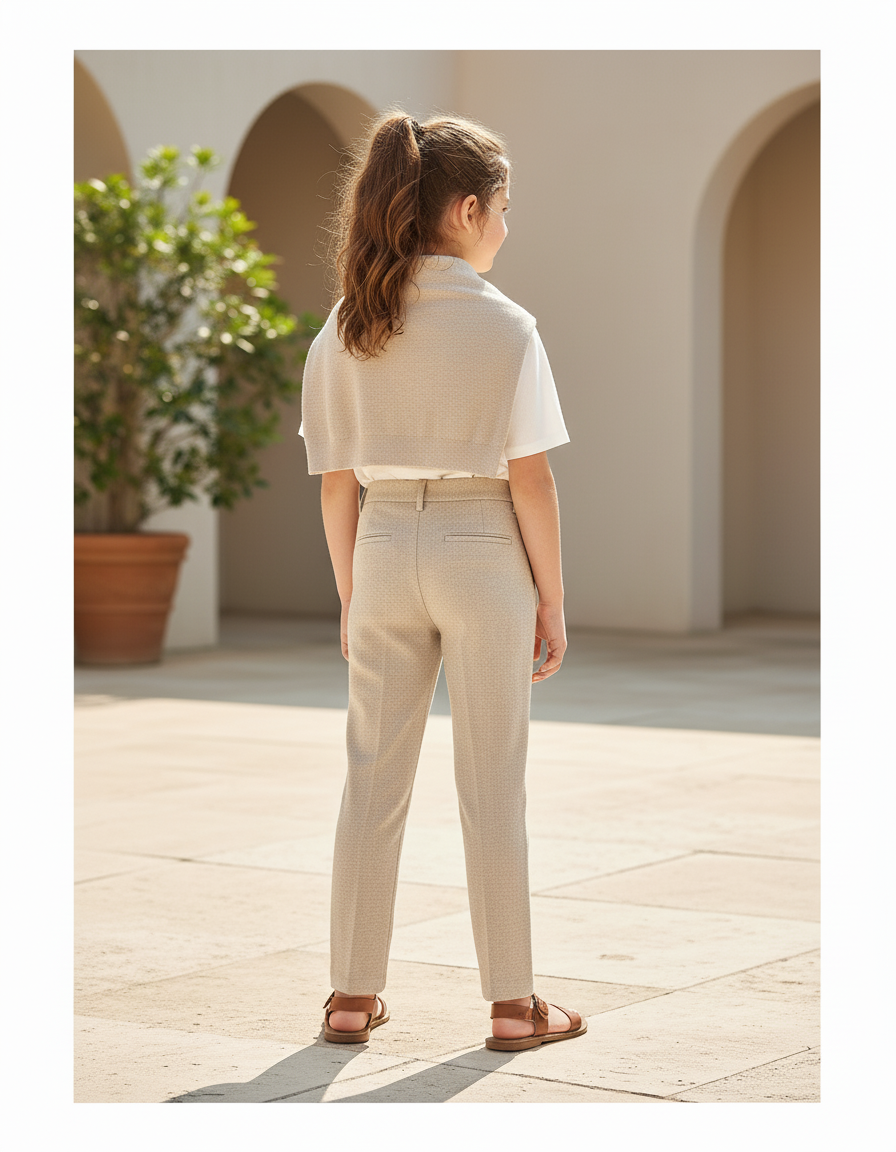 Pantalon En Lin Beige Plissé Droit Élégant Enfant - vue 2