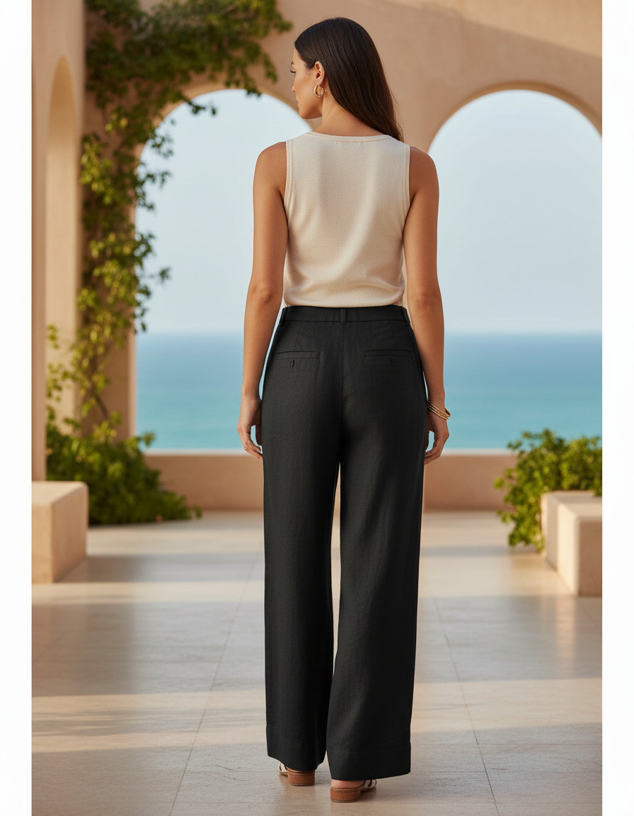 Pantalon En Lin Noir Ample Décontracté Femme Fluide - vue 2
