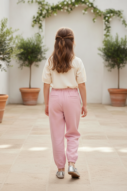Pantalon En Lin Rose Fille Ample Décontracté Fluide - vue 2