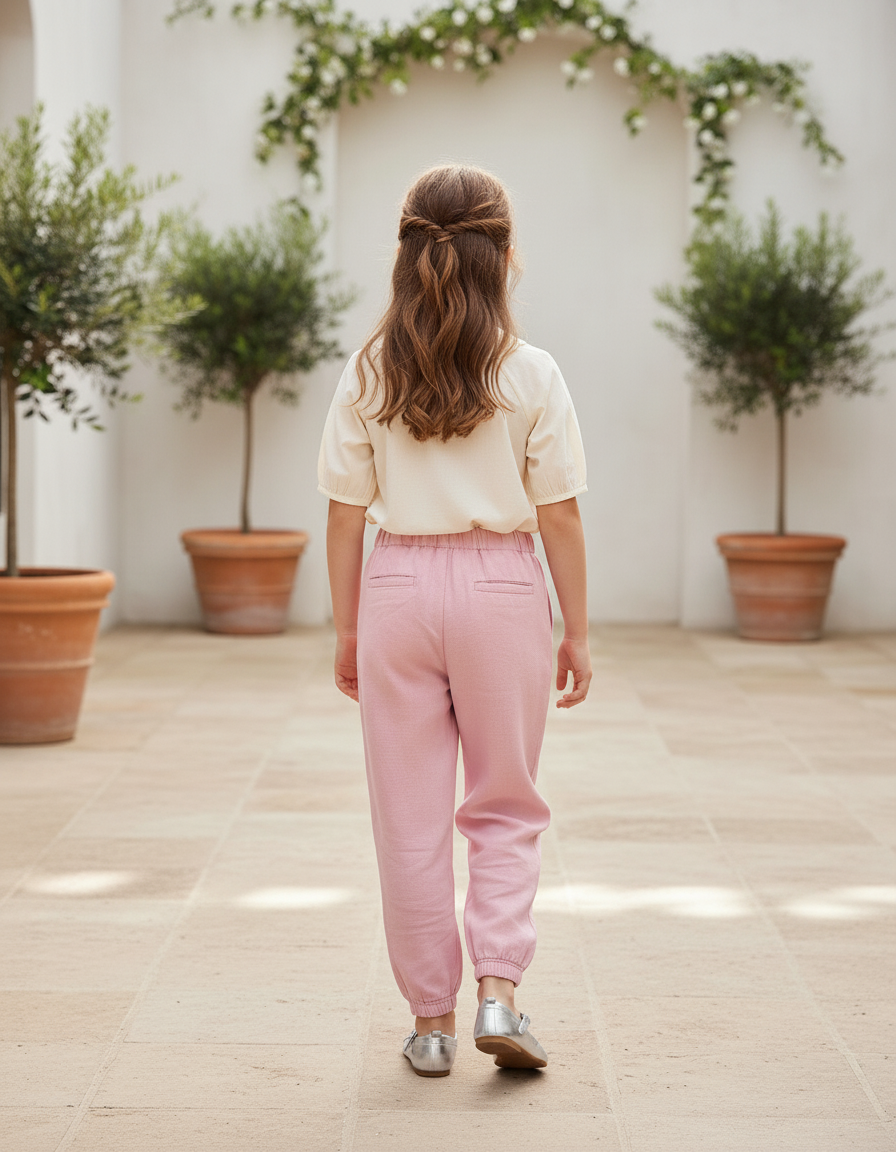 Pantalon En Lin Rose Fille Ample Décontracté Fluide - vue 2