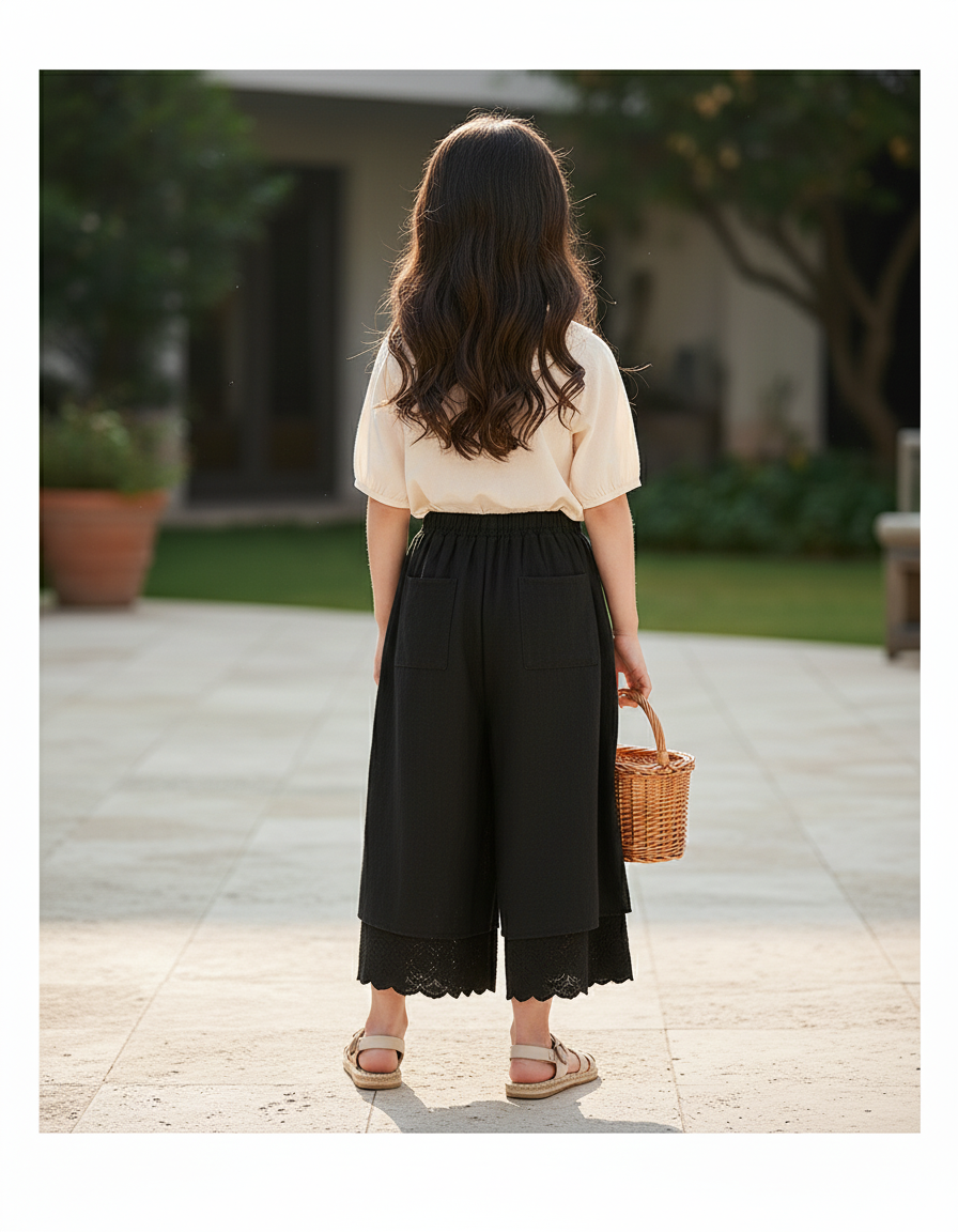 Pantalon En Lin Noir Ample Dentelle Fille Fluide - vue 2