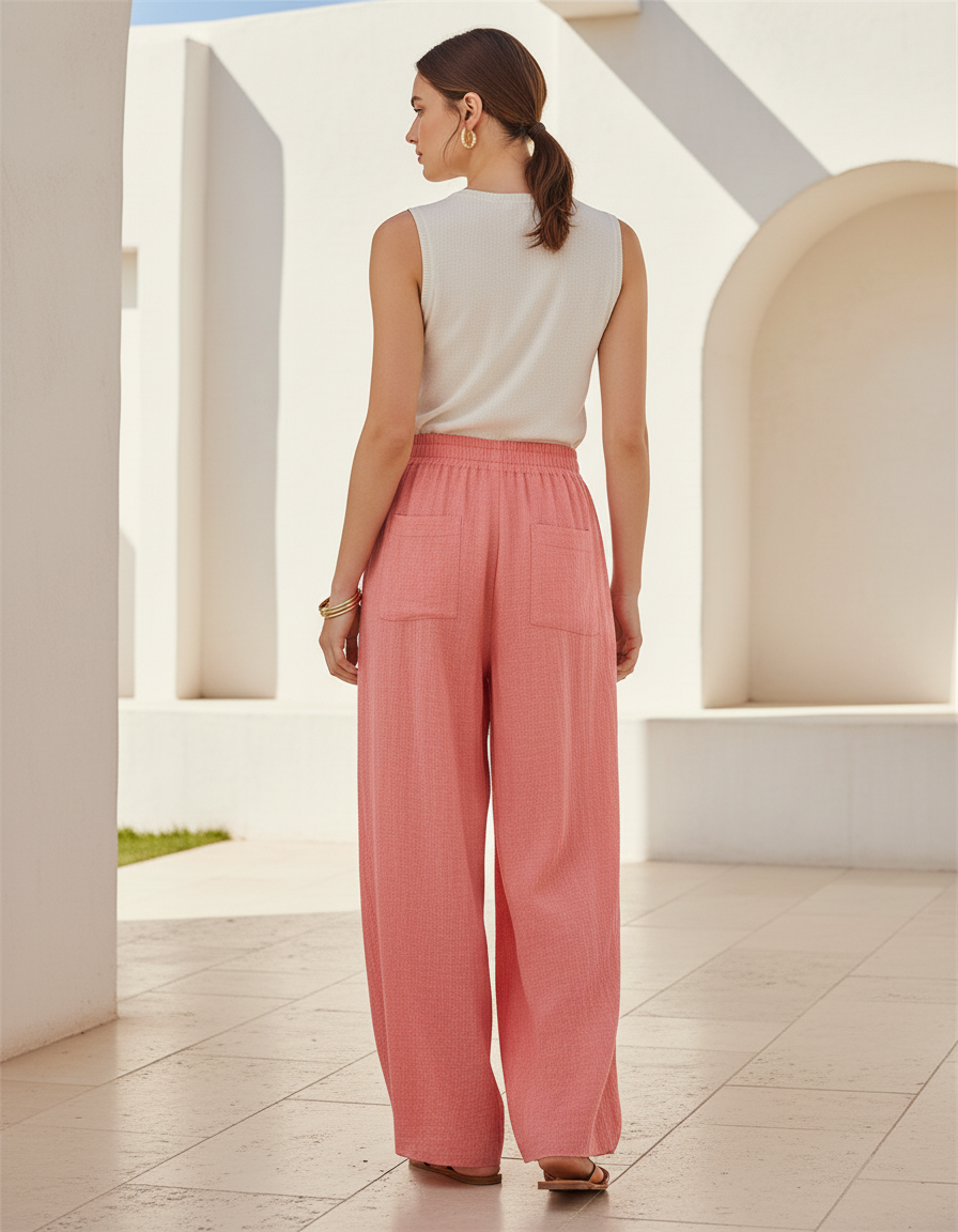 Pantalon En Lin Femme Rose Coupe Ample - vue 2