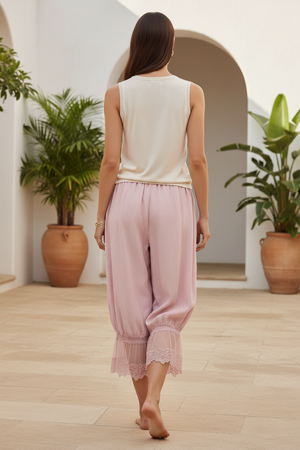 Pantalon En Lin Rose Ample Dentelle Cordon Femme - vue 2