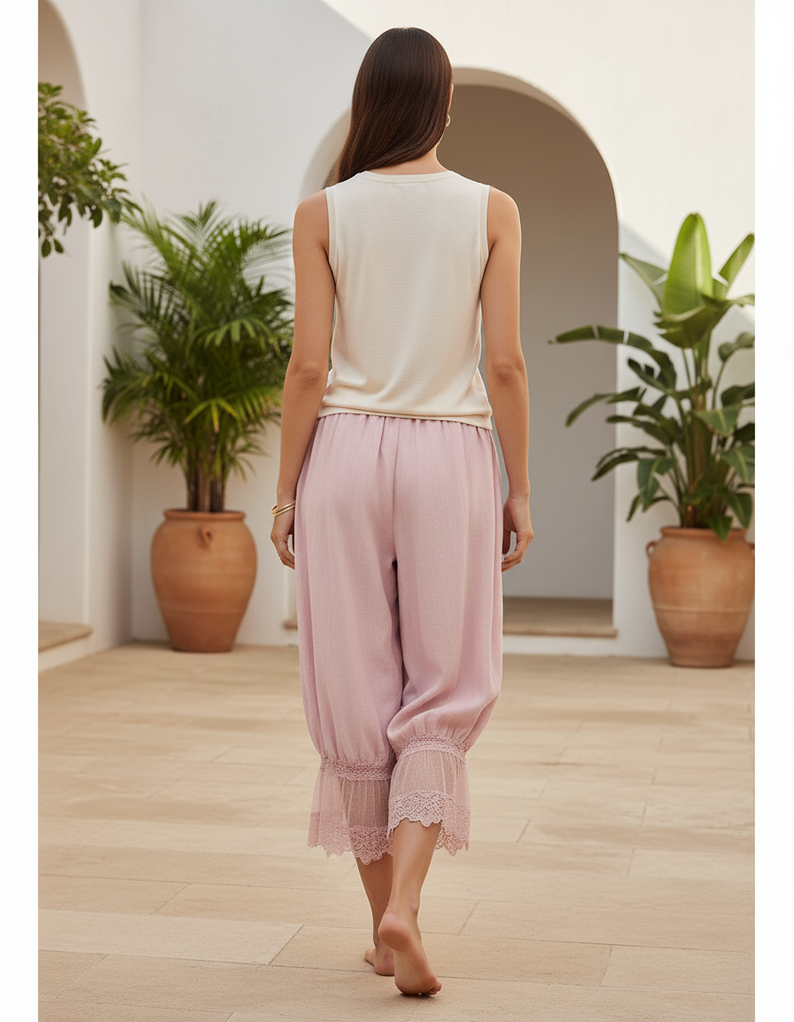 Pantalon En Lin Rose Ample Dentelle Cordon Femme - vue 2