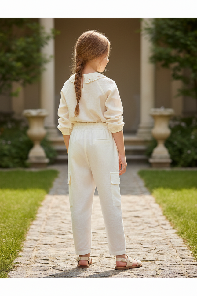 Pantalon En Lin Cargo Écru Fille Décontracté Léger - Beige - vue 2