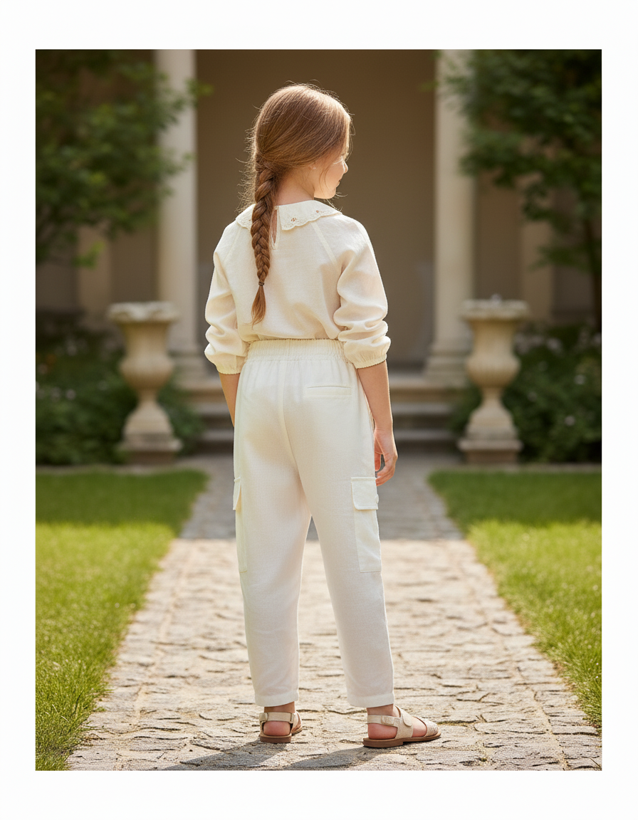 Pantalon En Lin Cargo Écru Fille Décontracté Léger - Beige - vue 2