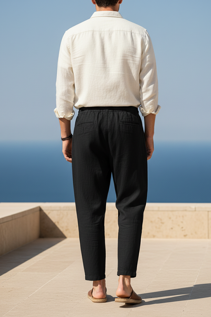Pantalon En Lin Noir Ample Léger Cordon Confortable - vue 2