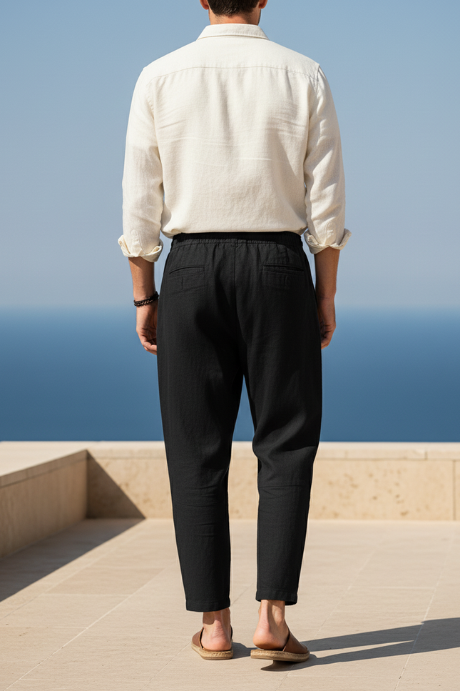 Pantalon En Lin Noir Ample Léger Cordon Confortable - vue 2