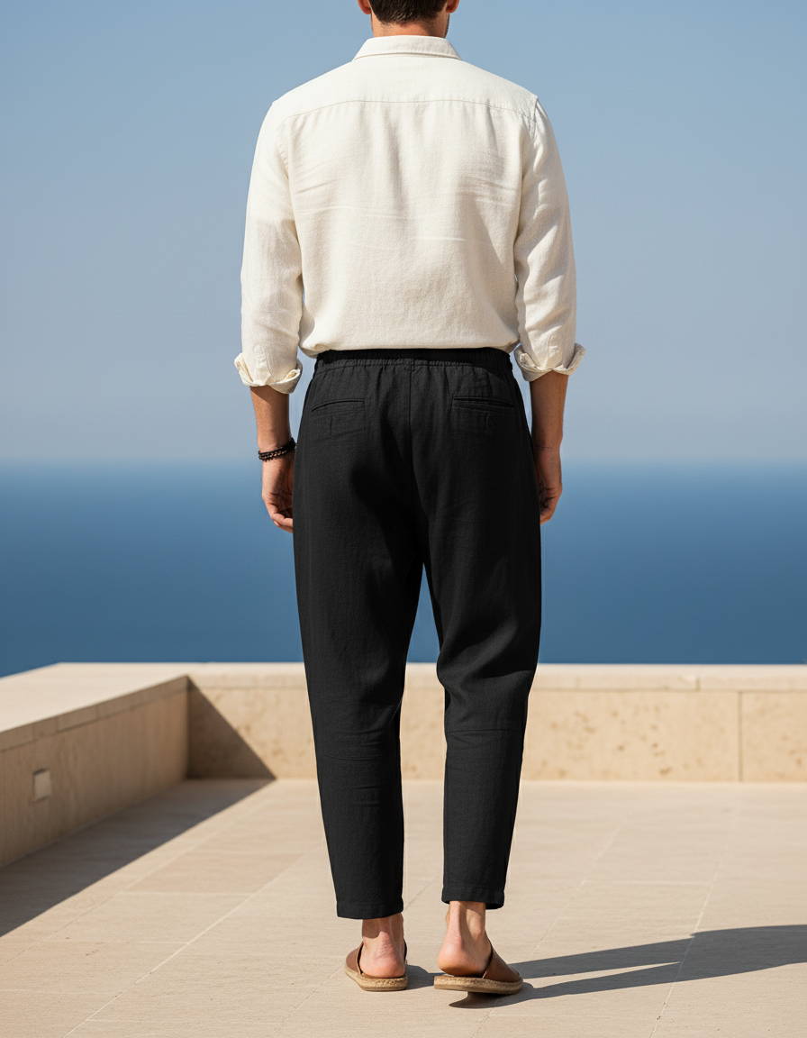 Pantalon En Lin Noir Ample Léger Cordon Confortable - vue 2