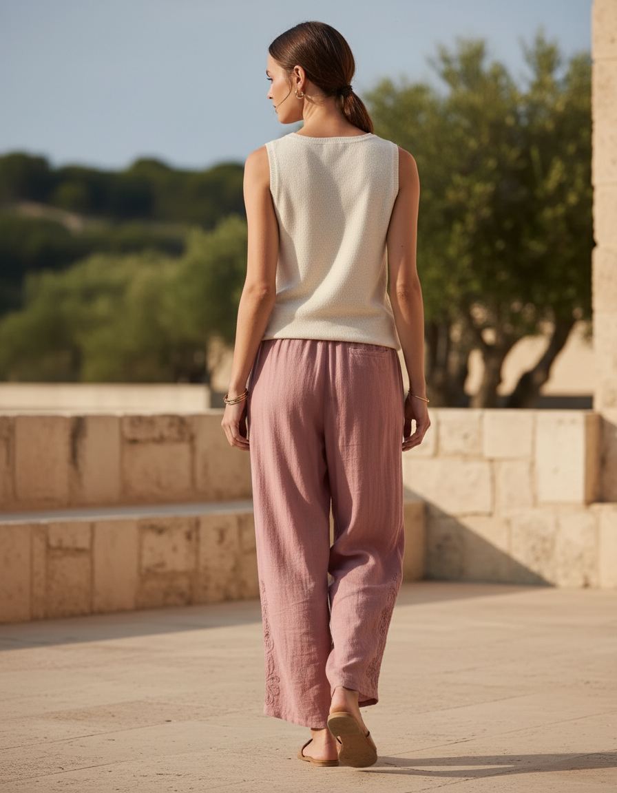 Pantalon Lin Broderie - Rose - vue 2