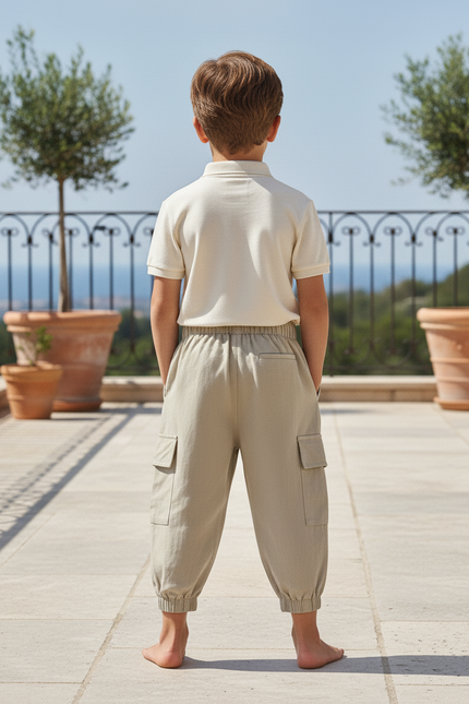 Pantalon En Lin Cargo Beige Ample Élastiqué Enfant - vue 2