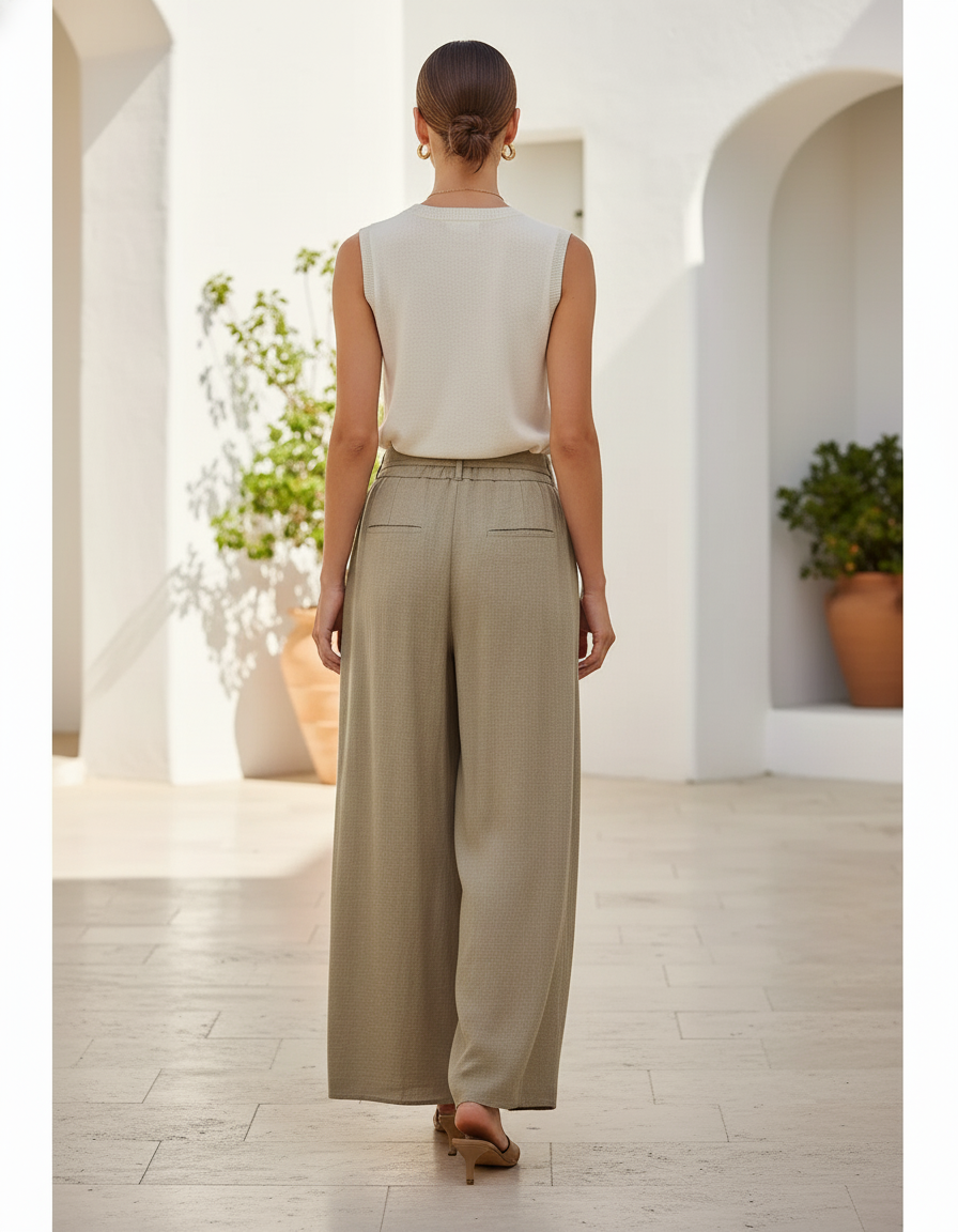 Pantalon En Lin Plissé Ample Taille Haute Kaki - vue 2