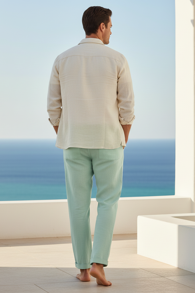 Pantalon En Lin Homme Vert Menthe Ample Léger Décontracté - vue 2