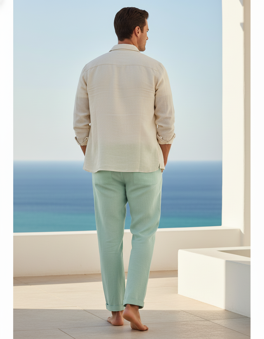 Pantalon En Lin Homme Vert Menthe Ample Léger Décontracté - vue 2