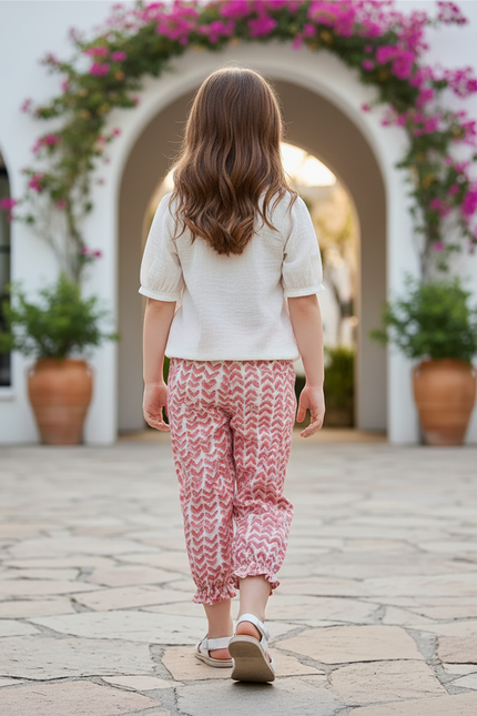 Pantalon En Lin Imprimé Chevrons Rose Fluide Fille - vue 2