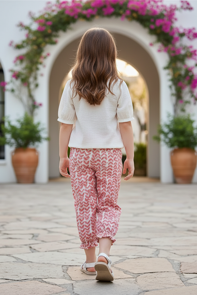 Pantalon En Lin Imprimé Chevrons Rose Fluide Fille - vue 2