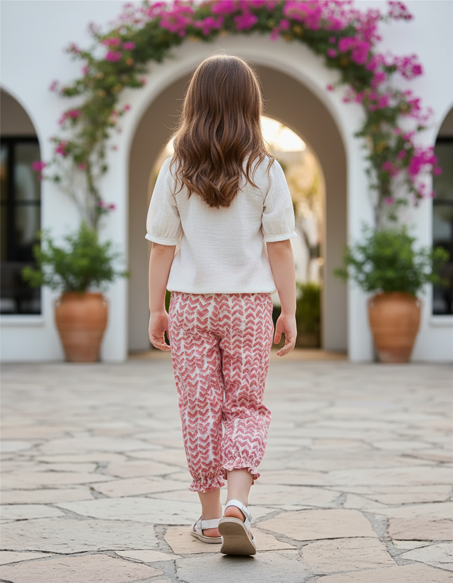 Pantalon En Lin Imprimé Chevrons Rose Fluide Fille - vue 2