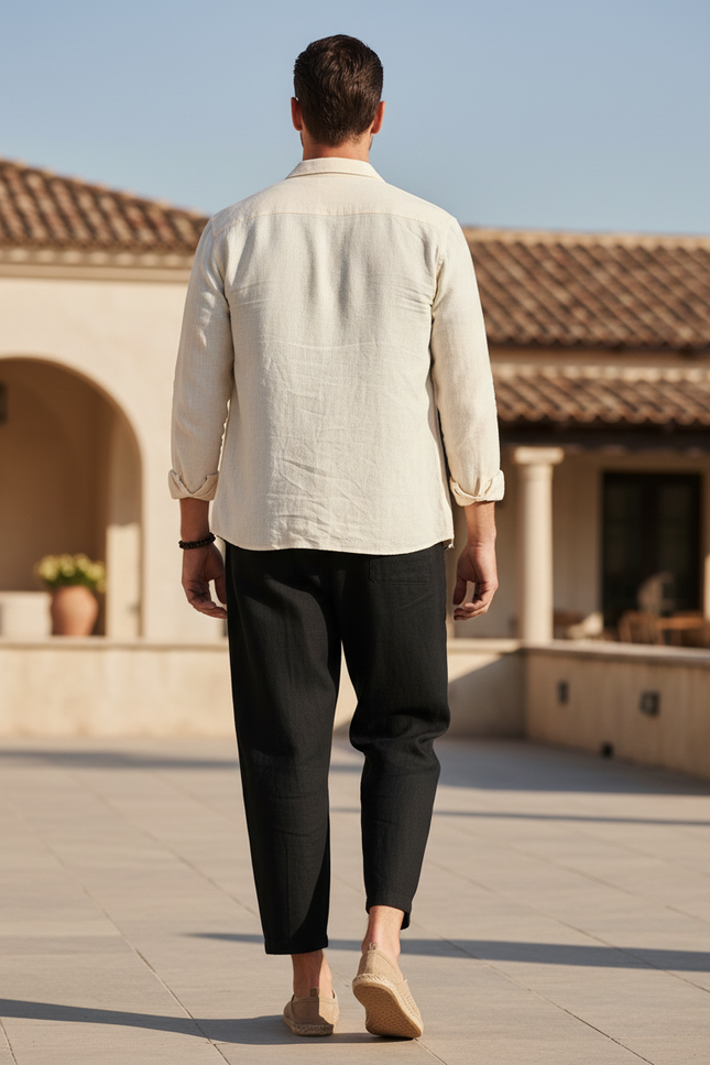 Pantalon En Lin Noir Ample Décontracté Cordon Homme - vue 2