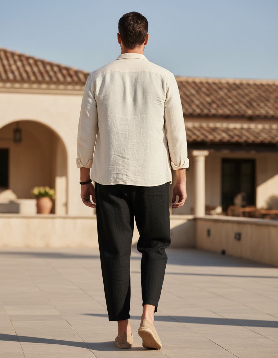 Pantalon En Lin Noir Ample Décontracté Cordon Homme - vue 2
