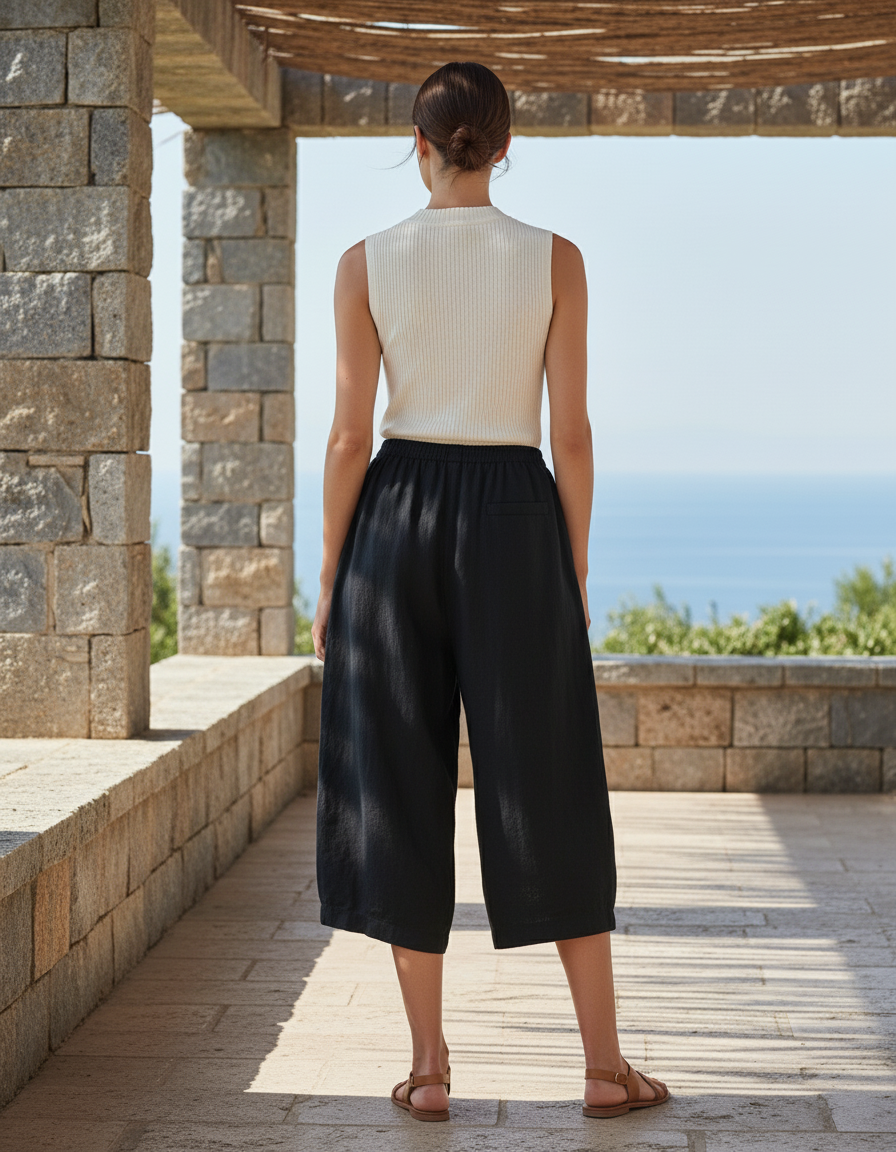 Pantalon En Lin Noir Ample Confortable Décontracté Femme - vue 2