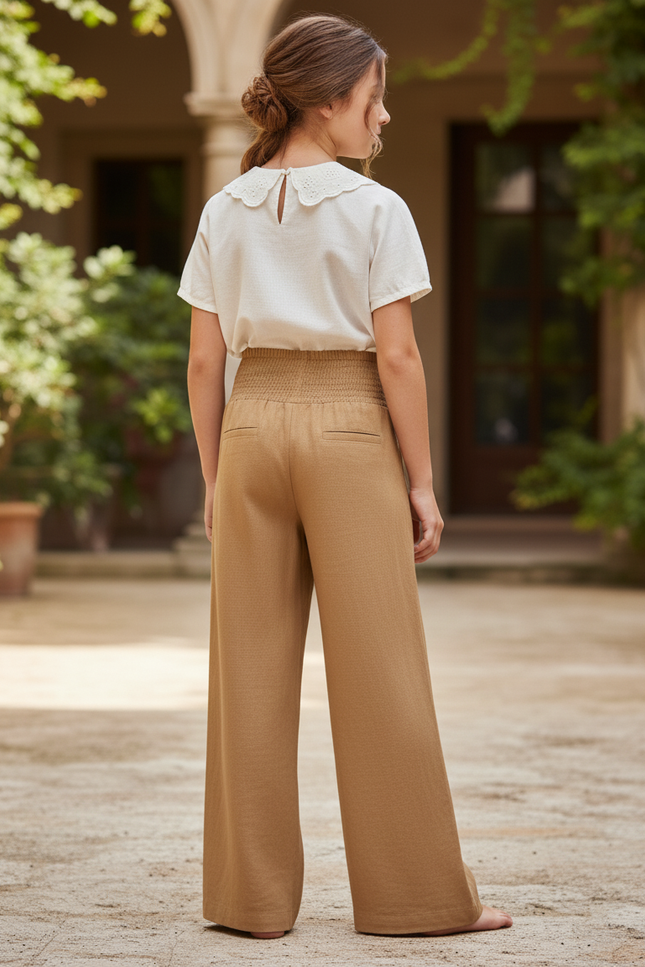 Pantalon En Lin Ample Plissé Confortable Fille Beige - Camel - vue 2